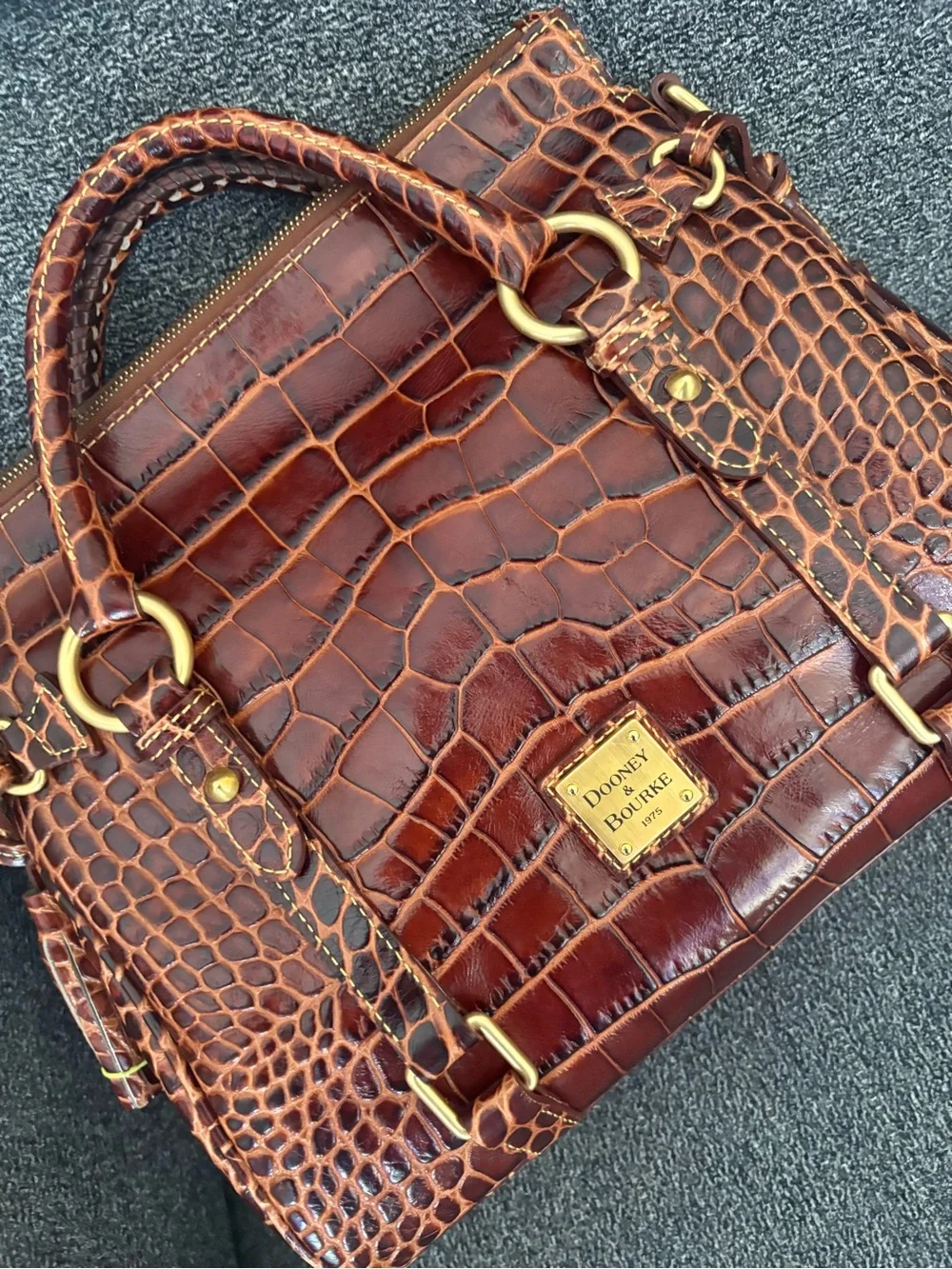 Dooney & Bourke Brown Croco Fino Croc-Embossed Satchel with Gold Hardware